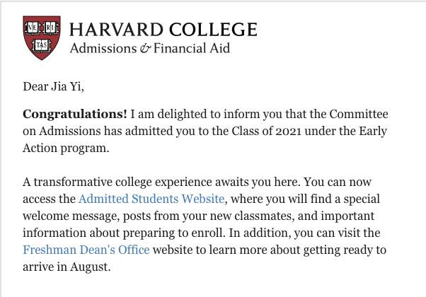   Và thư chấp nhận từ ĐH Harvard (Mỹ) dành cho Jia Yi Lim.  