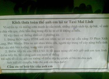 Tờ rơi kêu gọi biểu tình của tài xế Mai Linh