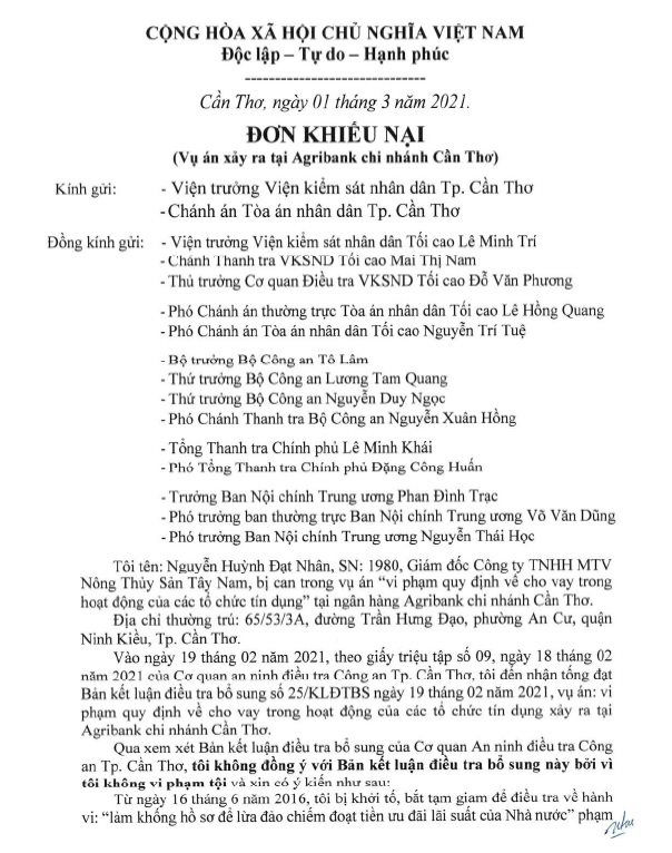 Đơn khiếu nại của ông Nguyễn Huỳnh Đạt Nhân.