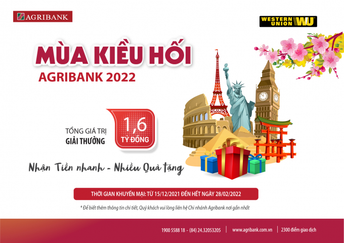 Từ ngày 15/12/2021 đến hết ngày 28/02/2022, tất cả khách hàng nhận tiền Western Union tại Agribank trên phạm vi toàn quốc. Ảnh: LH