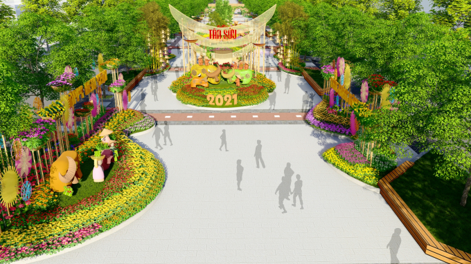 Đường hoa Nguyễn Huệ Tết 2021 được chia thành 2 chương, gồm 'Con đường hội tụ bản sắc' và 'Con đường hướng tới tương lai', với 13 phân cảnh lớn, nhỏ khác nhau.