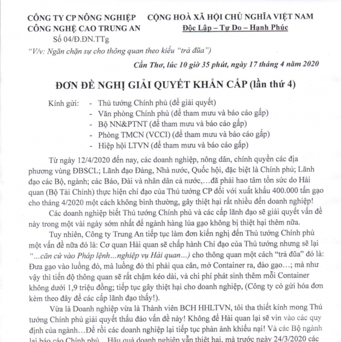 9c88e25a7e0e8450dd1f-184857_911.jpeg Đơn đề nghị giải quyết khẩn cấp (lần 4) Cty Trung An trình Thủ tướng. Ảnh Trọng Linh.