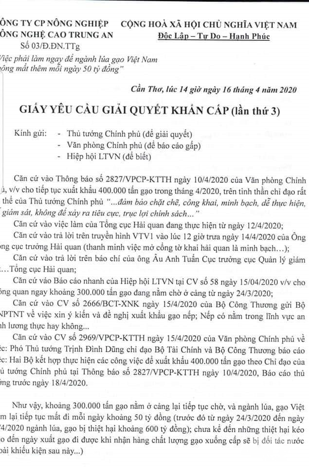 cty-trung-an-184829_950.jpeg Đơn yêu cầu giải quyết khẩn cấp lần 3 trước đó của Cty Trung An trình Thủ tướng Chính phủ. Ảnh: Trọng Linh.