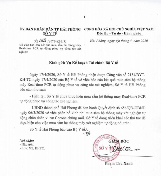 Gần 2 tháng sau khi được UBND TP Hải Phòng phân bổ kinh phí thì Sở Y tế Hải Phòng vẫn chưa mua máy xét nghiệm Covid-19. Ảnh: Sở Y tế HP.