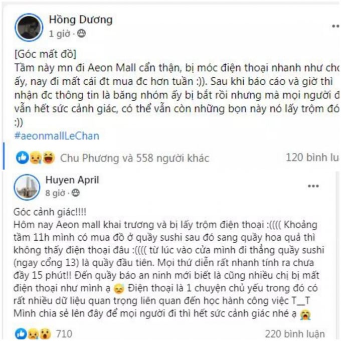aeon-le-chan-12-091730_426.jpg Một số tài khoản Facobook lên mạng xã hội thông báo mất đồ và cảnh giác bạn bè, người thân. Ảnh: Chụp màn hình.