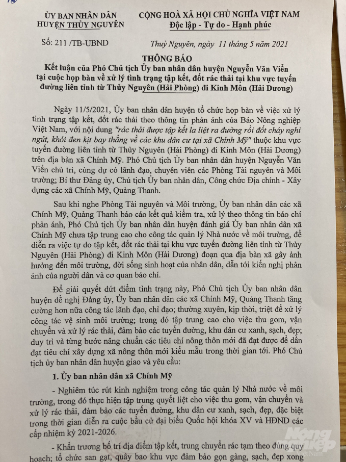 huyen-thuy-nguyen-yeu-cau-xu-ly-vu-dot-rac-thai-dau-doc-lang-que-150305_20210515_753.jpg Kết luận của UBND huyện Thủy Nguyên về thông tin Báo Nông nghiệp Việt Nam phản ánh. Ảnh: Đinh Mười.