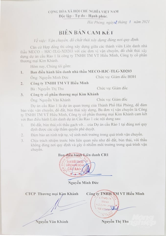 hang-tram-nghin-khoi-bun-dat-thai-du-an-cau-rao-1-di-dau-090138_935.jpg Văn bản cam kết đổ bùn, đất, vôi thầu gạch vỡ,... dự án Cầu Rào 1 giữa các bên liên quan. Ảnh: Đinh Mười.