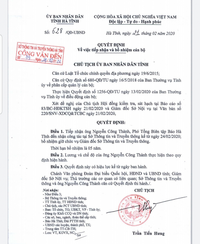 20200224_101553-102842_829.jpg Quyết định bổ nhiệm ông Thành có thời hạn là 05 năm. Ảnh: Thanh Nga.