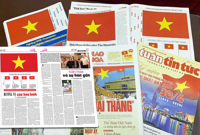 Một loạt tờ báo in tại Việt Nam cùng tham gia chương trình kỷ niệm 45 năm giải phóng Miền Nam - thống nhất đất nước bằng cách tạo lá cờ Tổ quốc bằng trang báo in.