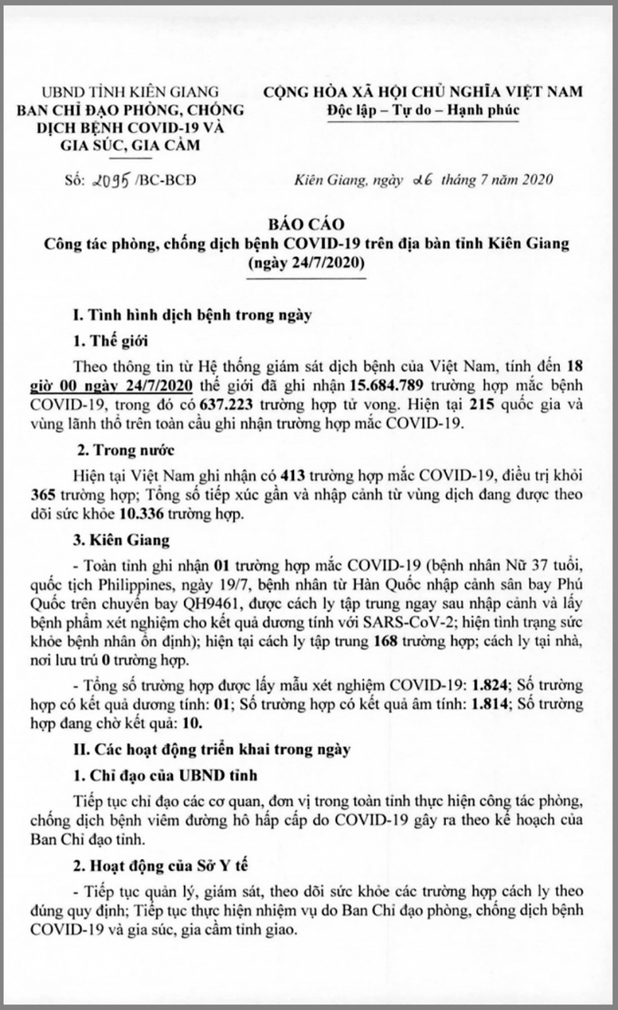 Báo cáo của Sở Y tế Kiên Giang về trường hợp bệnh nhân mắc Covid-19 đầu tiên trên địa bàn.