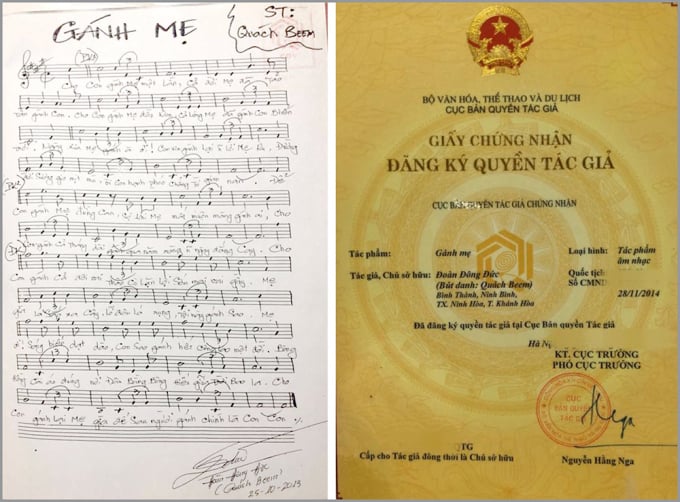 123-ganh-me-163928_739.jpg Ca khúc 'Gánh mẹ' được chứng nhận đăng ký bản quyền vào tháng 3/2019.