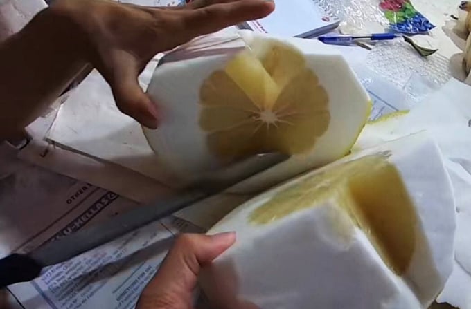 buoi-16135112023191778316218-132707_344.jpg Mặc dù quả nặng từ 8-10 kg, nhưng phần ruột khá nhỏ. Ảnh: Internet.