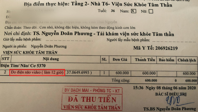 bach-mai-165413_441.jpg Một hóa đơn thu tiền cho bệnh nhân ghi rõ thời gian đo điện não video là 12 giờ nhưng thực tế chỉ thực hiện trong thời gian 40 phút. Ảnh: M.A.