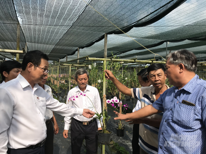 img-5708-145646_384.jpeg Ông Hiếu (ngoài cùng bên phải) giới thiệu sản phẩm lan với khách tham quan vườn. Ảnh: Thanh Sơn.