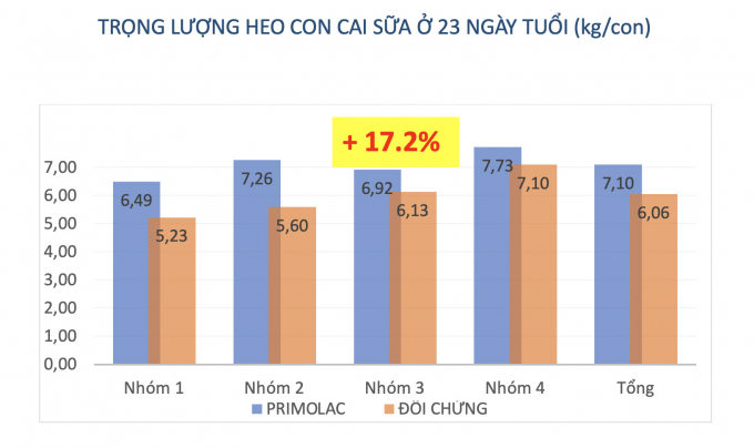 a-5-085614_3.jpg Kết quả thử nghiệm Primolac 1 về trọng lượng heo con cai sữa so với sản phẩm đối chứng.