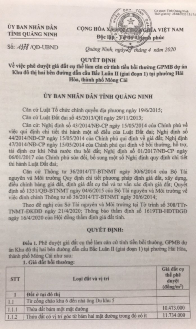 nhap-nhem-quan-ly-dat-dai-o-mong-cai-131746_20201129_636.jpg Quyết định của UBND tỉnh Quảng Ninh ban hành giá đền bù đất tại Hải Hòa. Ảnh: Nhóm PV Đông Bắc.