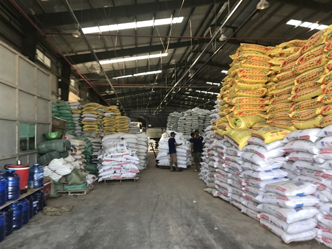Kho chứa nguyên liệu phân bón (trong đó có DAP màu vàng) của một Cty SX phân bón NPK. Ảnh: Đ.Q.