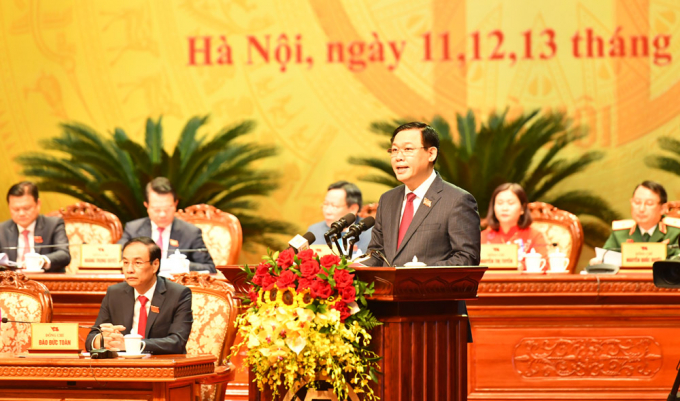ong-vdh-084644_78.jpg Ủy viên Bộ Chính trị, Bí thư Thành ủy Hà Nội Vương Đình Huệ phát biểu khai mạc Đại hội. Ảnh: Báo Hà Nội mới.