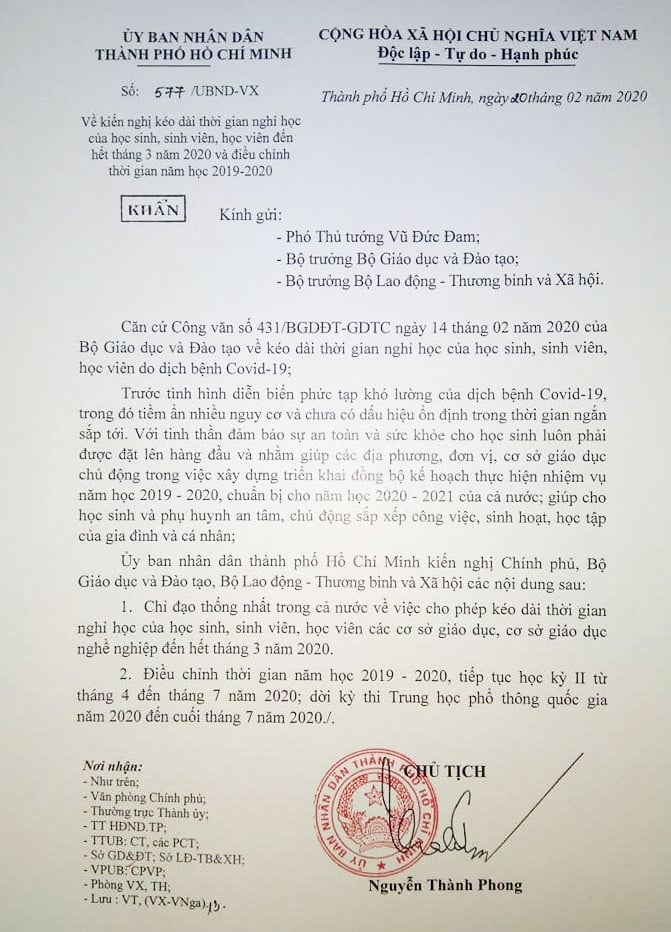Công văn kiến nghị của UBND TP.HCM được ký ngày 20/2/2020.