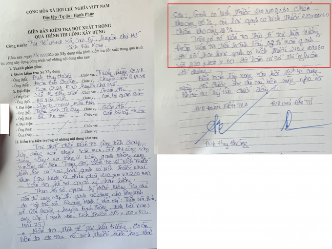 Biên bản kiểm tra của Sở Xây dựng Bắc Kạn cũng chỉ rõ những điều không đúng giữa hồ sơ và thực tế loại gạch được sử dụng. Ảnh: Toán Nguyễn.