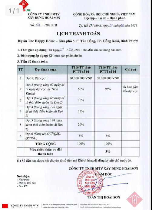 Lịch thanh toán khi khách hàng giao dịch với Công ty Hoài Sơn. Ảnh: Đức Trung