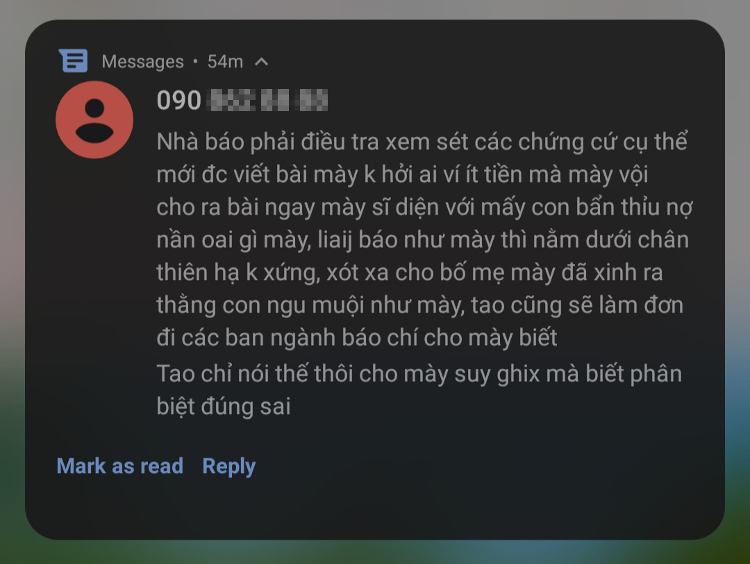 Tin nhắn từ số điện thoại chị Cẩm dùng liên lạc gửi tới phóng viên sáng 22/12.
