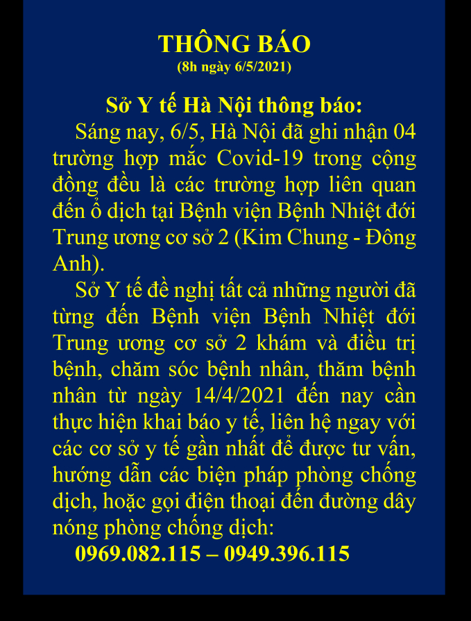 Thông báo của Sở Y tế Hà Nội. Ảnh: CDC Hà Nội.