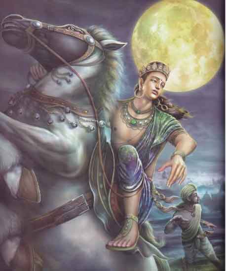 Rời khỏi hoàng cung, thái tử cùng người hầu Chandaka (Xa-nặc) cỡi con ngựa Kanthaka (Kiền-trắc) âm thầm vượt dòng sông Anoma (A-nô-ma) trong đêm khuya vắng vẻ.