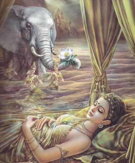 Hoàng hậu Mahamaya (Ma-ha-ma-da) mộng thấy bạch tượng sáu ngà dâng đóa hoa sen lúc bà mang thai thái tử.