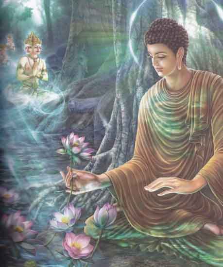 Phạm Thiên thỉnh Phật chuyển pháp luân trong khi ngài còn phân vân sau khi thành đạo, Đức Phật quán sự sinh hóa của hoa sen, hoan hỷ truyền giảng giáo pháp cho nhân loại và Chư Thiên.