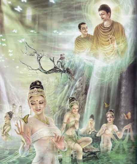 Nanda (Nan-đà), con của di mẫu Mahaprajapati (Ma-ha-ba-xà-ba-đề) được đức Phật truyền giới xuất gia và cho đi xem các cung trời sau khi miễn cưỡng theo ngài về tịnh xá trong ngày kết hôn. Về sau, Nanda đắc quả A-la-hán.