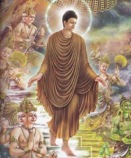 Từ cung trời Ðao-lợi trở về, đức Phật dùng thần thông cho Chư Thiên và loài người đang tề tựu nghênh đón ngài thấy được tất cả các thế giới hiện hữu.