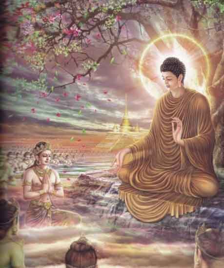 Ðức Phật hiện ứng thân giảng Thắng Pháp Vi Diệu cho thân mẫu Ma-ha Ma-da và Chư Thiên tại cung trời Tettimsa (Ðao-lợi) trong 3 tháng.
