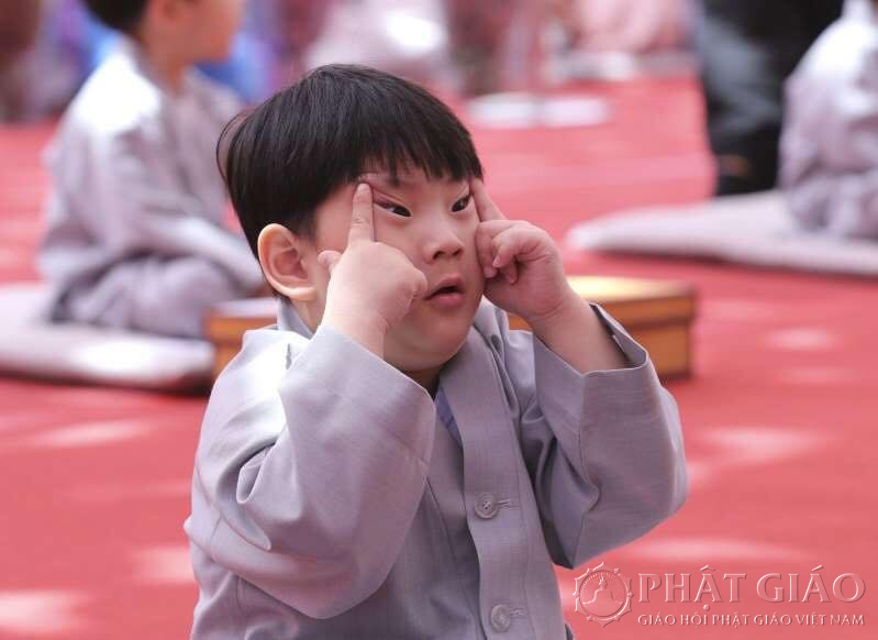 Tại ngôi đền Jogye ở Seoul, Hàn Quốc tiến hành cạo tóc cho những trẻ nhỏ tham gia khóa học Phật pháp.