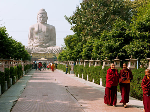 Chùa Đại Giác Ngộ cao 52 m, nơi được coi là vô cùng linh thiêng ở Ấn Độ, nằm tại Bồ Đề Đạo Tràng. Cội Bồ Đề nằm ở phía tây ngôi chùa. Ảnh: Goibibo.