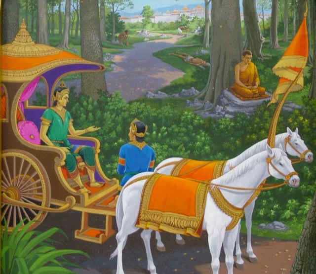 Vào một ngày đẹp trời, Thái tử thực hiện một chuyến dạo chơi bằng xe ngựa dọc theo khu vườn thượng uyển lộng lẫy và rực rỡ sắc hoa cùng với đoàn tùy tùng vài ngàn người. Ảnh minh họa