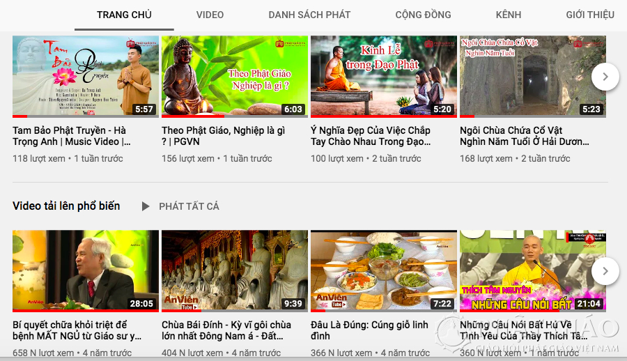 Một số video trên Kênh Youtube Phật giáo Việt Nam