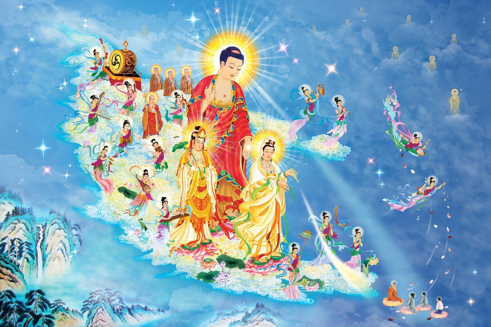 Hãy cùng chiêm ngưỡng bức tượng Đức Phật A Di Đà - một biểu tượng vô cùng linh thiêng trong đạo Phật. Với đôi mắt tỏa sáng và đôi tay nâng lên khai oán, bức tượng này sẽ khiến bạn cảm thấy yên bình và sạch tâm. Hãy để tinh thần được giải phóng khi ngắm nhìn Đức Phật A Di Đà, bạn sẽ không muốn rời mắt khỏi bức tượng này.