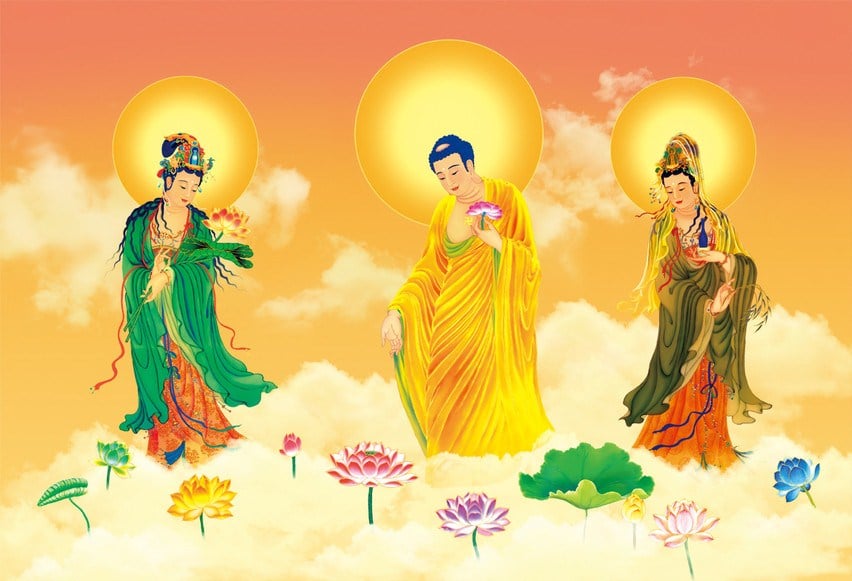 Trong kinh sách hai vị Bồ Tát hiện thân cư sĩ nữ hai bên Ðức Phật A Di Ðà tượng trưng Từ Bi và Trí Tuệ.