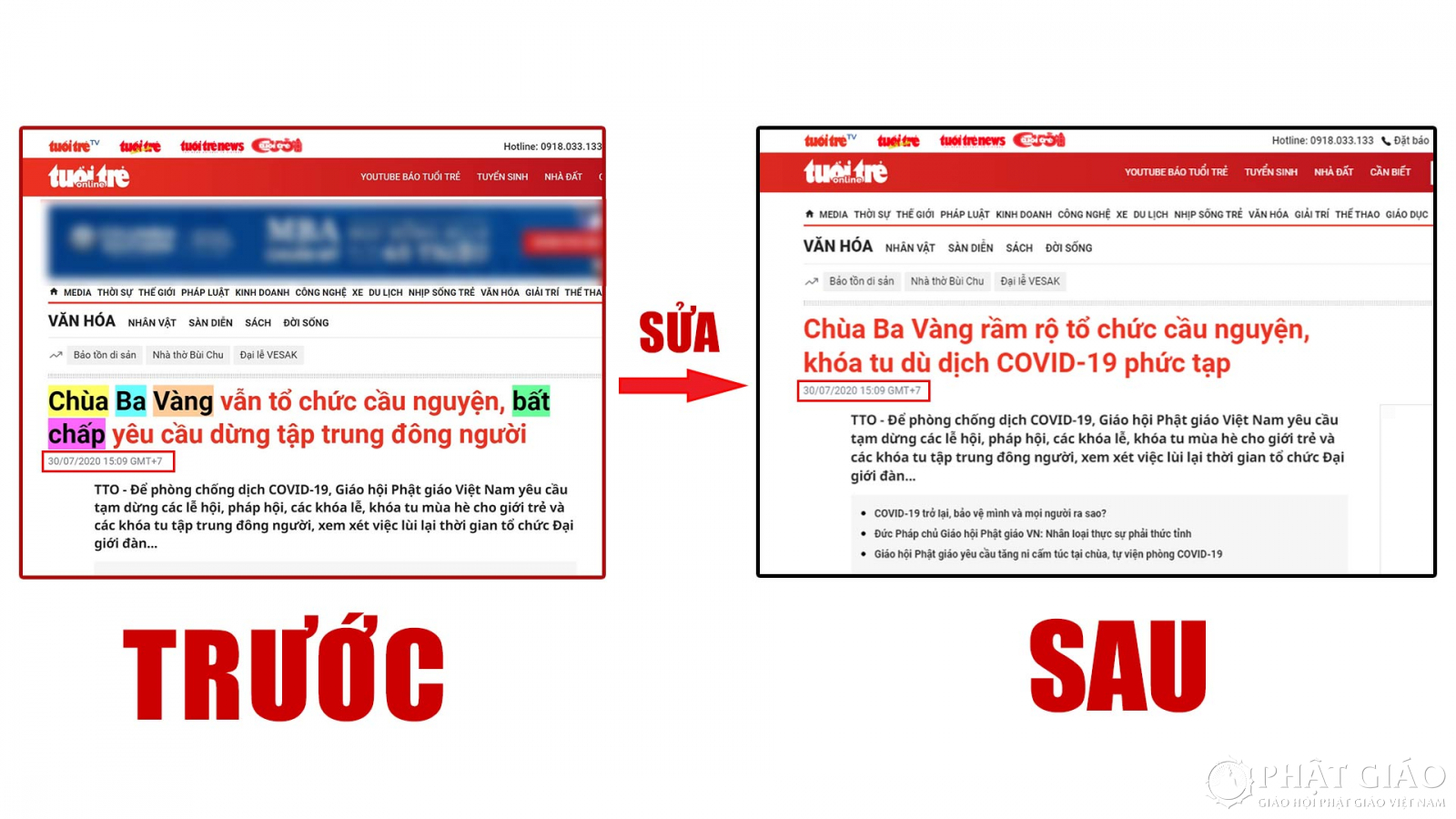 Minh hoạ bài báo được sửa đổi của báo Tuổi trẻ trên website Chùa Ba Vàng.