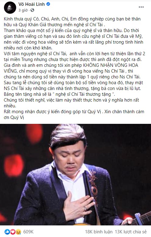 Bài viết đăng tải trên trang cá nhân của nghệ sĩ Hoài Linh.