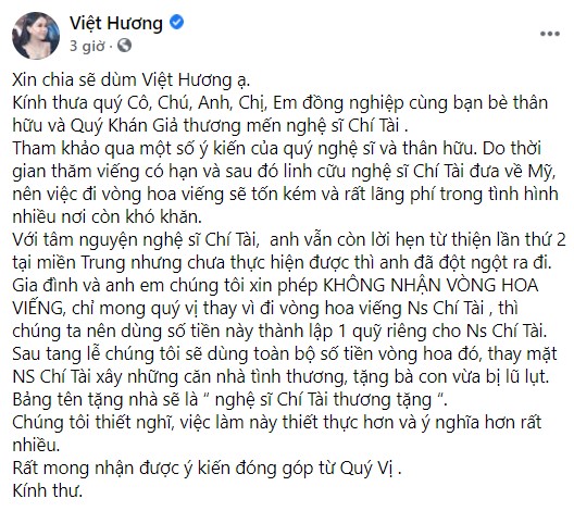 Dòng trạng thái của nghệ sĩ Việt Hương kêu gọi sự đóng góp chung tay vì di nguyện từ thiện của nghệ sĩ Chí Tài.