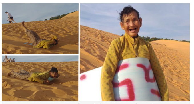 Năm nay 71 tuổi, cụ Năm Lại cho thuê tấm trượt trên đồi cát Mũi Né (Phan Thiết, Bình Thuận) thường khiến du khách trầm trồ về tài lướt cát của mình.