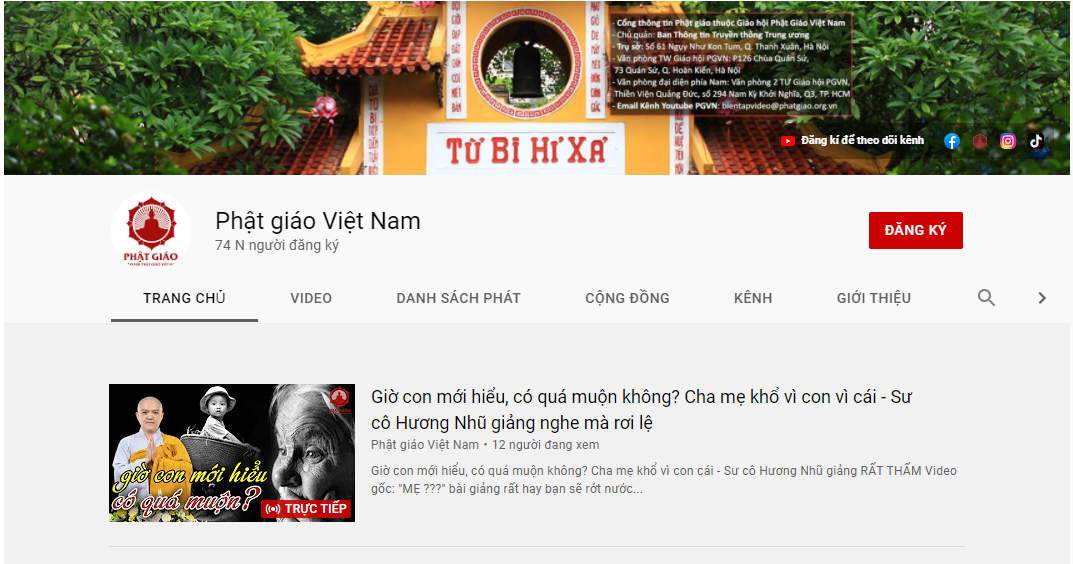 Giao diện trang chủ kênh Youtube Phật giáo Việt Nam.