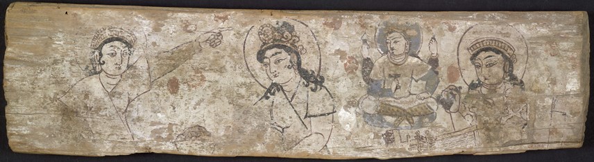 Bức tranh trên gỗ được Aurel Stein phát hiện ở thị trấn Dandan Oilik, mô tả truyền thuyết về nàng công chúa giấu trứng tằm trong chiếc mũ đội đầu của mình để buôn lậu từ Trung Quốc đến Vương quốc Khotan. Ảnh: Wiki.
