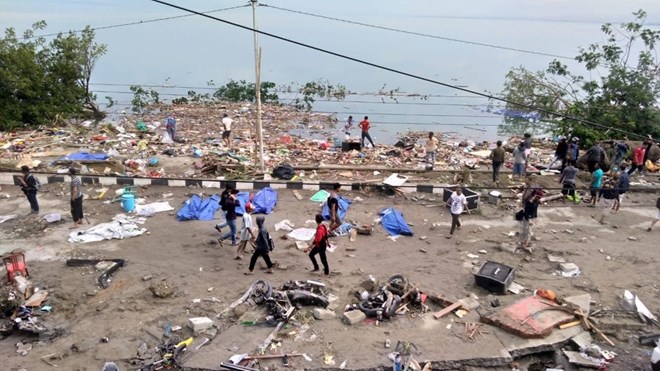 Hiện trường ngổn ngang, đổ nát sau khi sóng thần ập vào Palu, đảo Sulawesi, Indonesia ngày 28-9-2018.