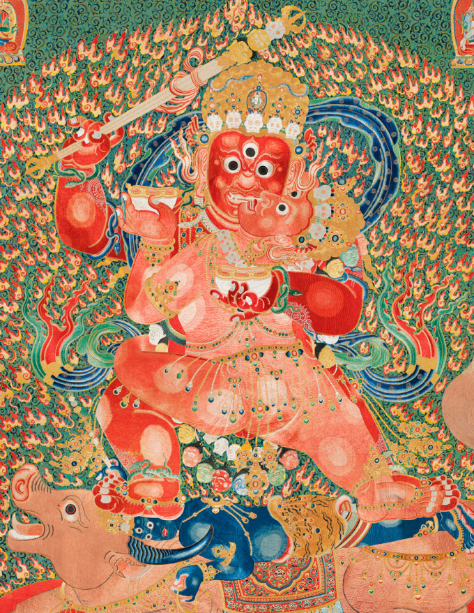 Trung tâm tác phẩm là hình Raktayamari - vị thần trong Phật giáo Đại Thừa - đang ôm bạn đời, Vajravetali. Gương mặt Raktayamari có vẻ hung dữ nhưng theo trang Pchome, tác phẩm nhắc nhở giữ gìn sự thanh tịnh trong lời ăn tiếng nói, các hình tượng mang ngụ ý trí tuệ và từ bi.
