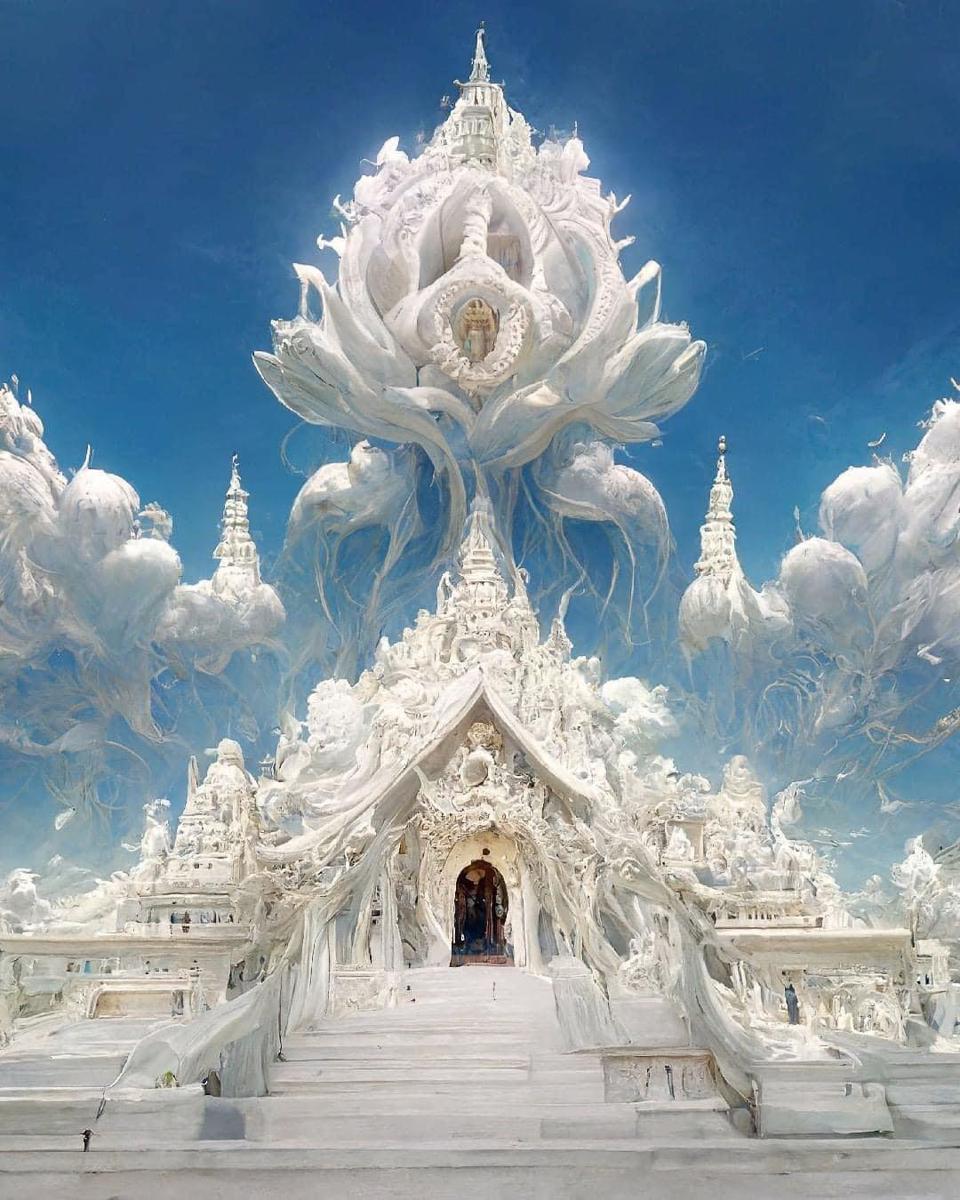 Trong hình là chùa Trắng được lồng ghép thêm những đám mây vần vũ đầy sáng tạo và vô thực từ Giám đốc nghệ thuật Daryl Anselmo. Tác phẩm này khiến Wat Rong Khun giống như một lâu đài của thần đang ẩn hiện trên những tầng mây, đầy thuần khiết nhưng cũng không kém phần nguy nga, tráng lệ.