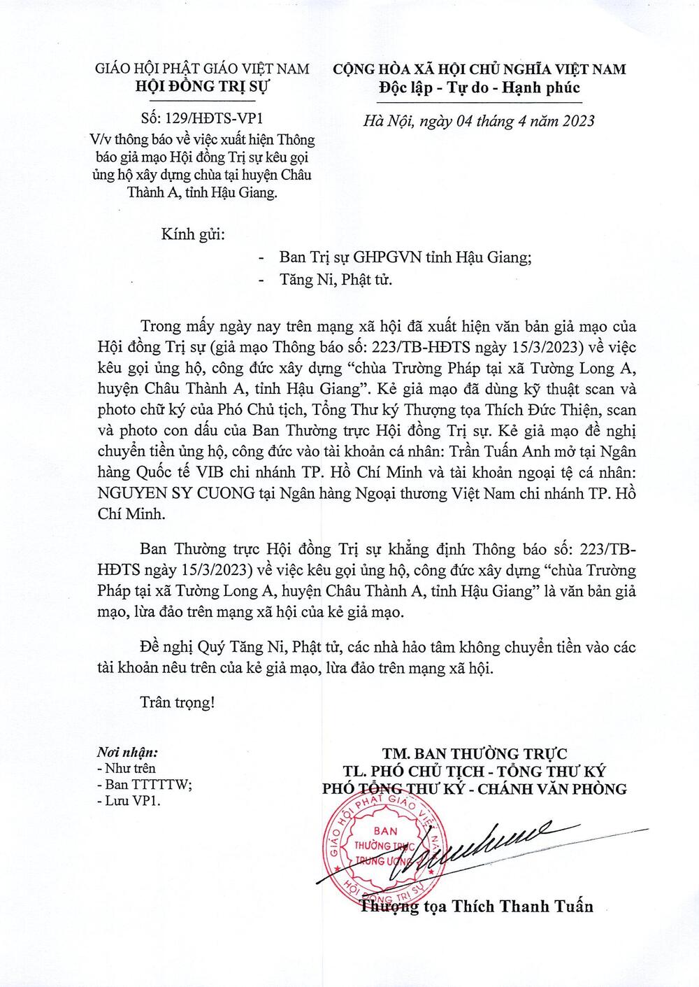 Công Văn: V/v xuất hiện Thông báo giả mạo Hội đồng Trị sự kêu gọi ủng hộ xây dựng chùa tại huyện Châu Thành A, tỉnh Hậu Giang