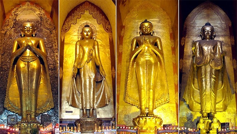 Điểm ấn tượng nhất của ngôi chùa Ananda chính bốn bức tượng Phật được dát vàng cao khoảng 10m phía trong. Ảnh: myanmartour.